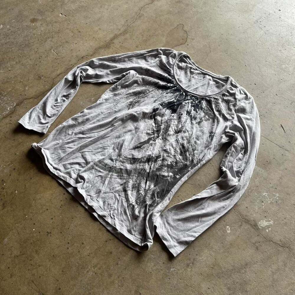Vintage Y2K Affliction Style Graphic Long Sleeve Top - Grey L